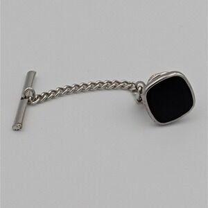 VTG Silver Tone Tie Tack Cushion Black Onyx Stone Safety Chain T-Bar Pin